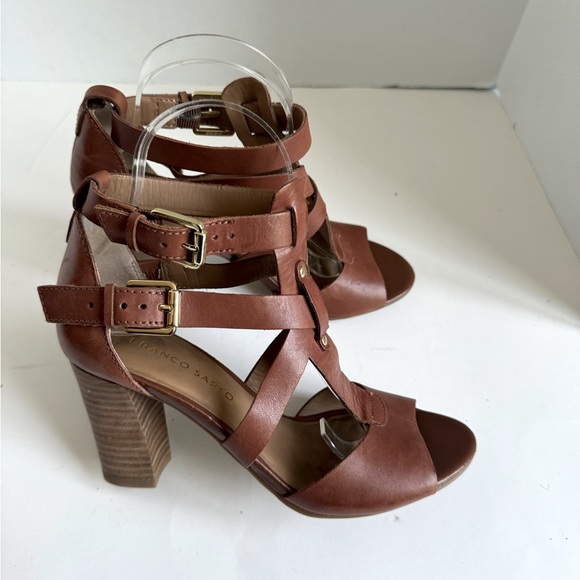 FRANCO SARTO Womens Bizzy Brown Leather Heels Cross Strap Sandals Shoes Size 6.5 - Picture 6 of 10